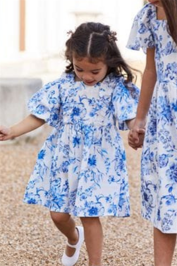 Kız Çocuk Mavi Çiçekli Elbise