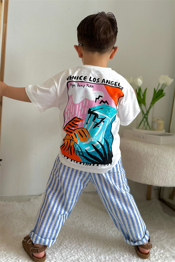 Mavi Çizgili Pantolon Tshirt Takım