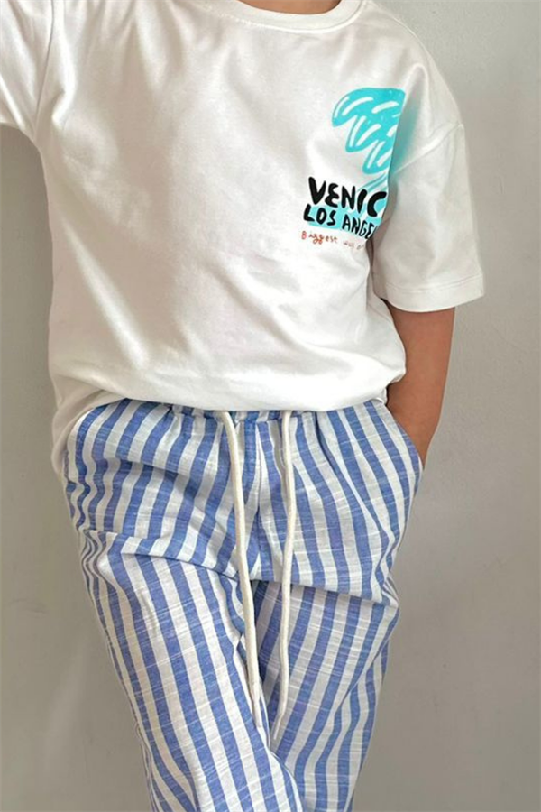 Mavi Çizgili Pantolon Tshirt Takım