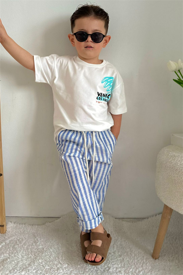 Mavi Çizgili Pantolon Tshirt Takım