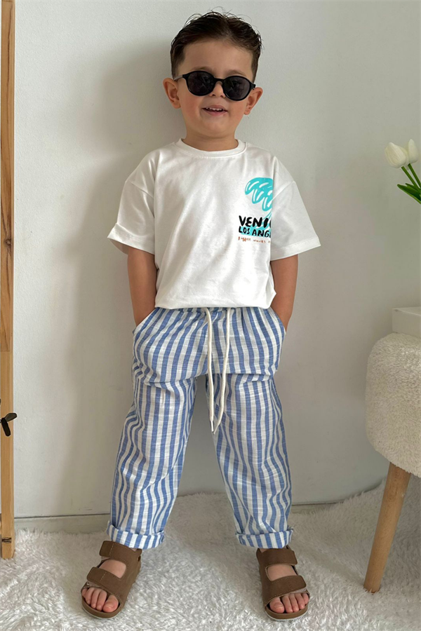 Mavi Çizgili Pantolon Tshirt Takım