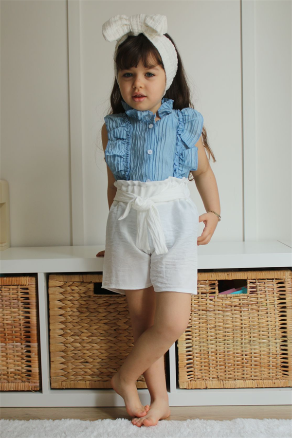 Mavi Fırfırlı Gömlekli Şortlu Takım