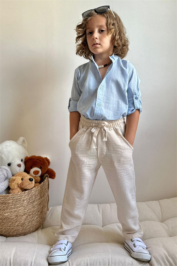 Mavi Keten Gömlek Pantolon Takım