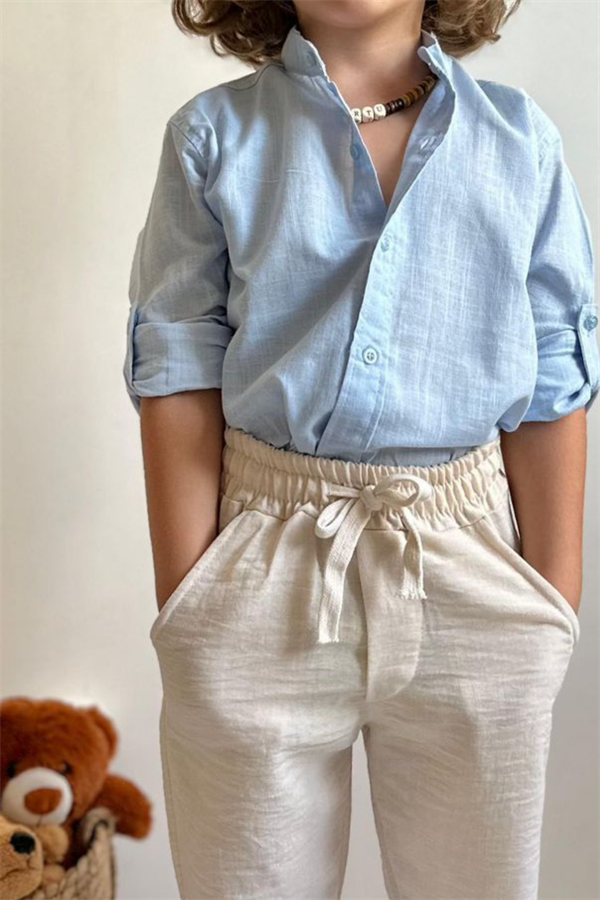 Mavi Keten Gömlek Pantolon Takım