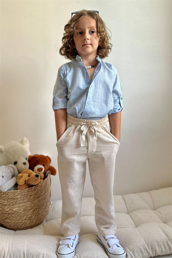 Mavi Keten Gömlek Pantolon Takım