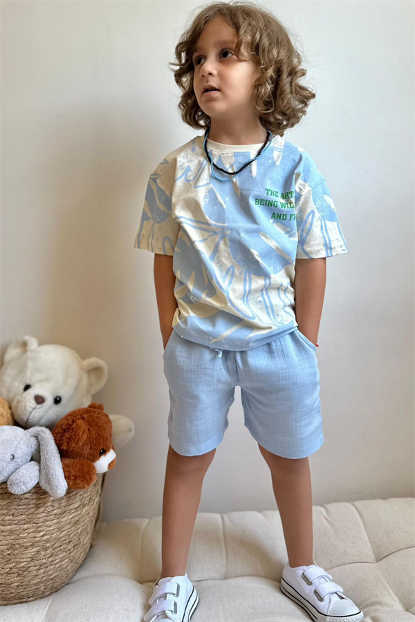 Mavi Palmiye Şortlu Takım