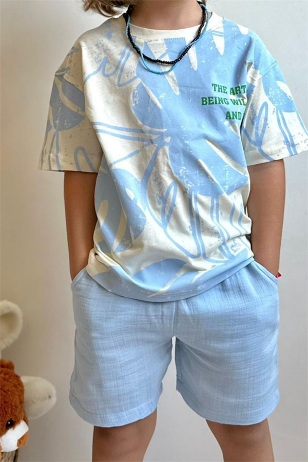 Mavi Palmiye Şortlu Takım