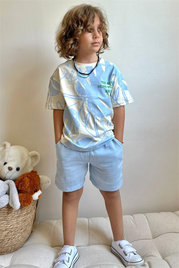 Mavi Palmiye Şortlu Takım