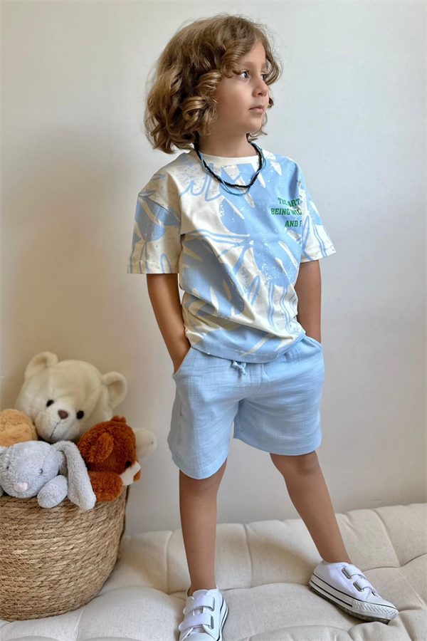 Mavi Palmiye Şortlu Takım