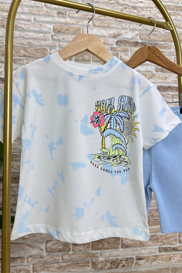 Mavili Surf Baskı Biker Tayt Takım