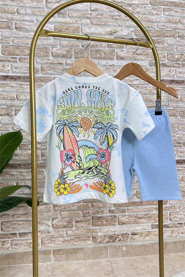 Mavili Surf Baskı Biker Tayt Takım