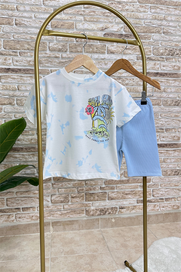 Mavili Surf Baskı Biker Tayt Takım