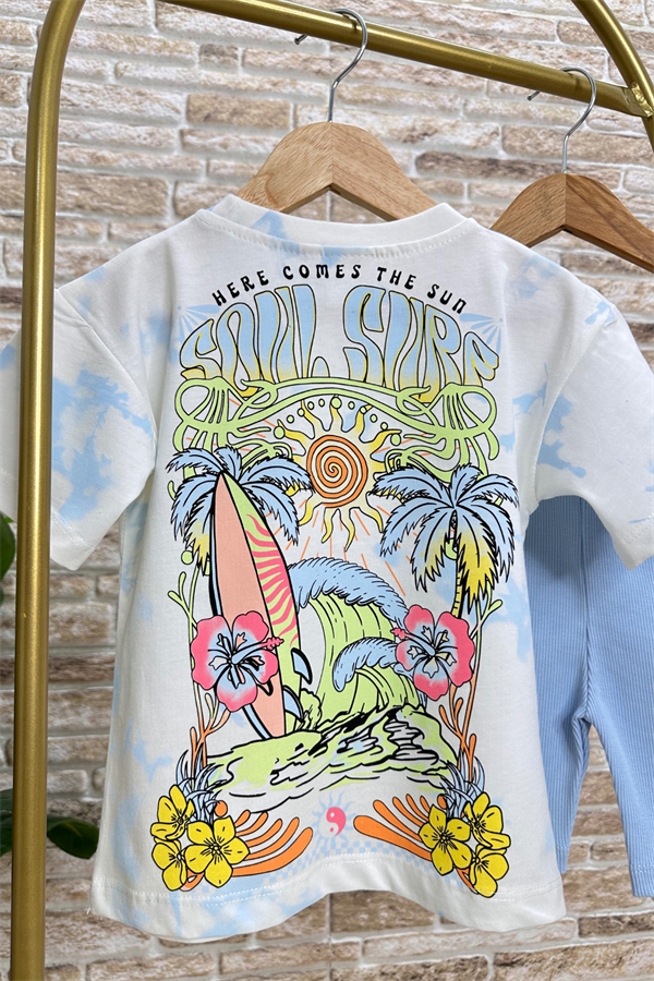 Mavili Surf Baskı Biker Tayt Takım