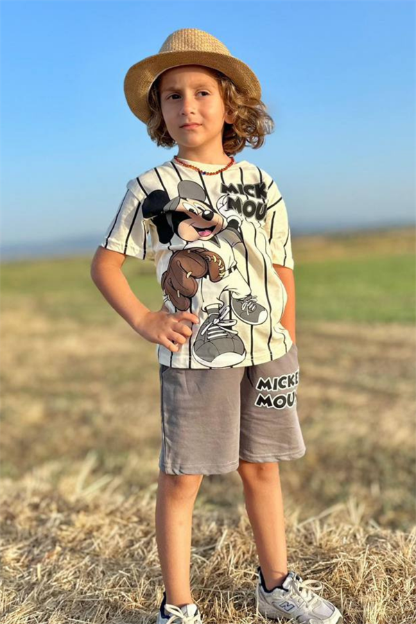 Mickey Çizgili Gri Şortlu Takım