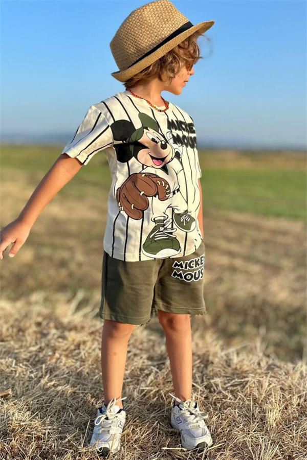 Mickey Çizgili Haki Şortlu Takım