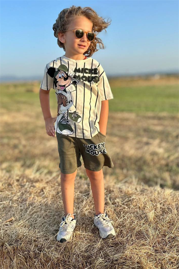 Mickey Çizgili Haki Şortlu Takım