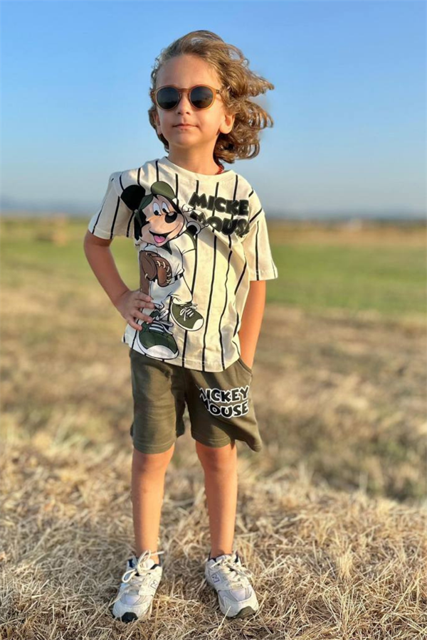 Mickey Çizgili Haki Şortlu Takım