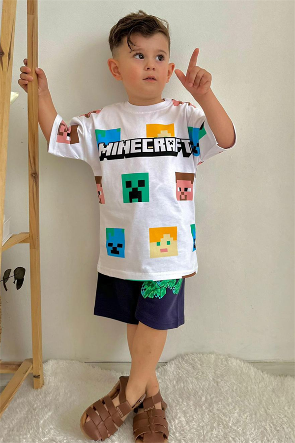 Minecraft Beyaz Laci Şortlu Takım