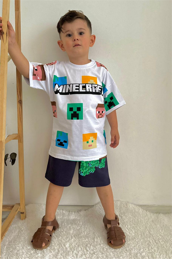 Minecraft Beyaz Laci Şortlu Takım