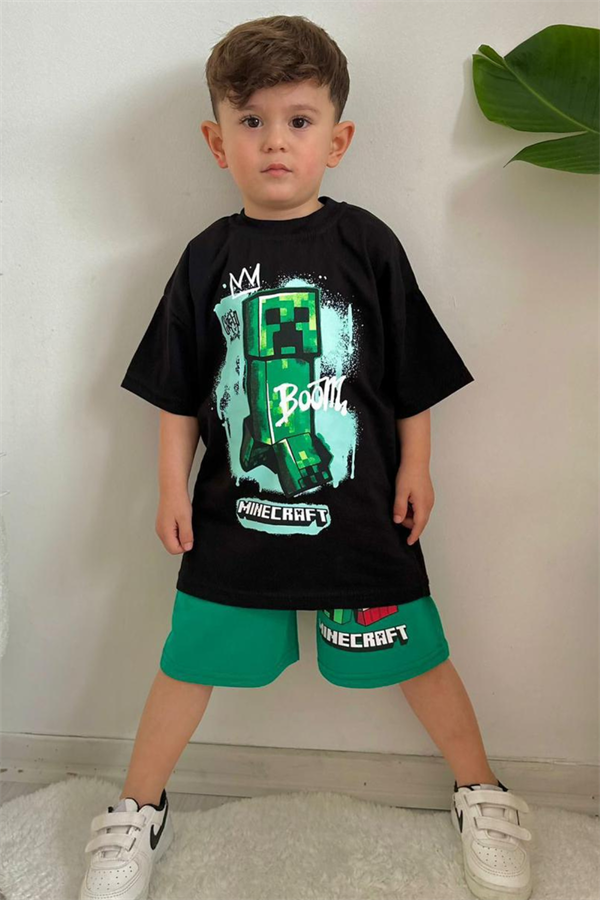Minecraft Siyah Yeşil Şortlu Takım