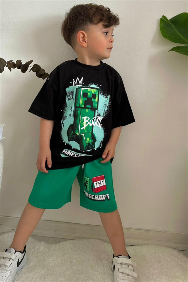 Minecraft Siyah Yeşil Şortlu Takım