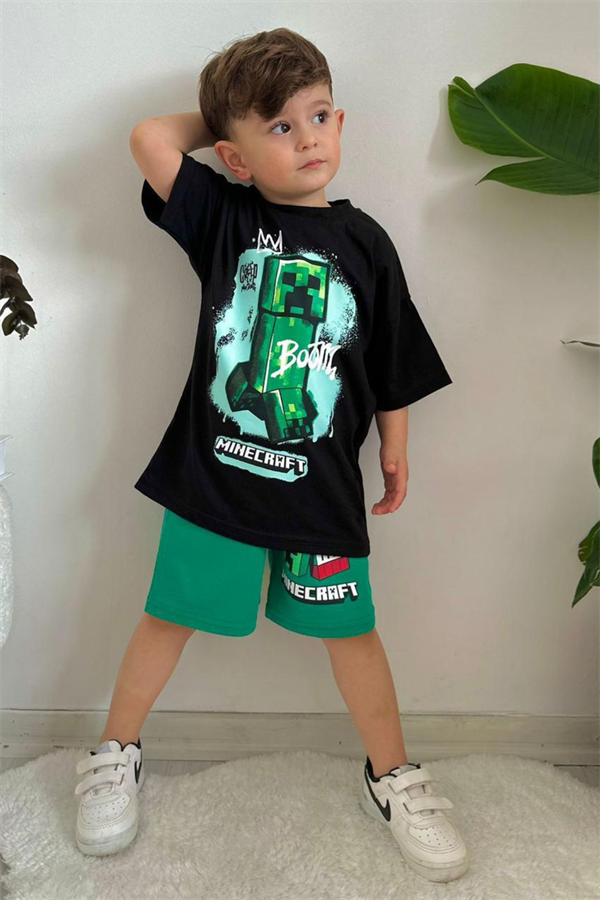 Minecraft Siyah Yeşil Şortlu Takım