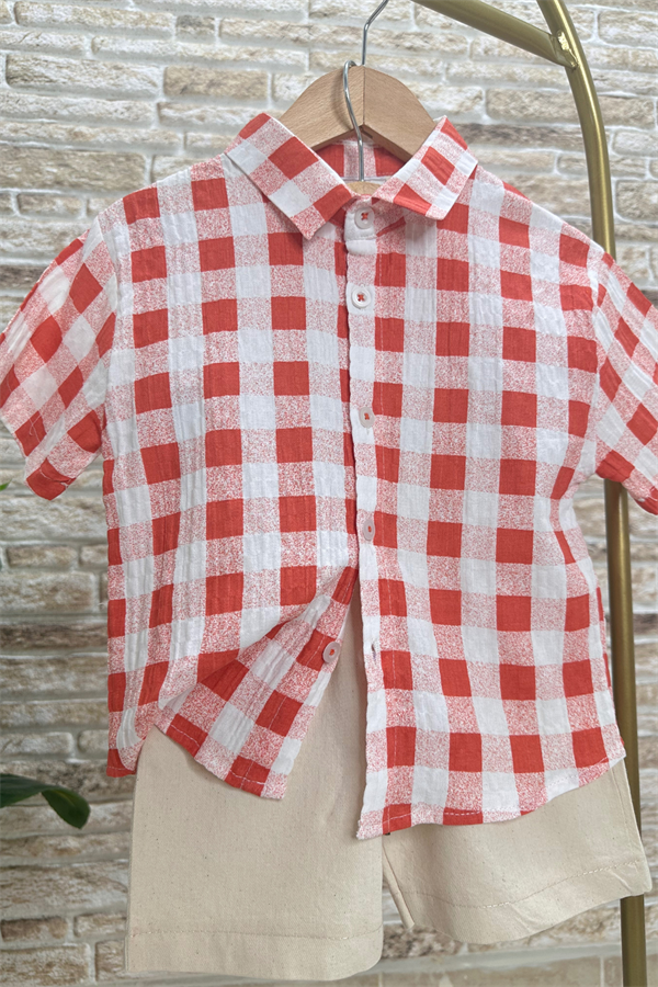 Müslin Gömlekli Pötikareli Şortlu Takım