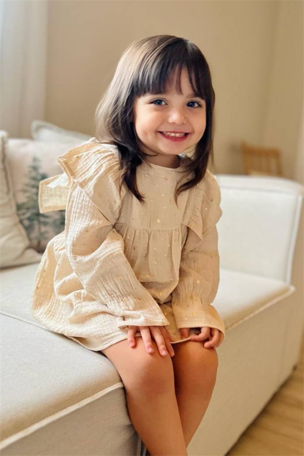 Müslin Yıldızlı Krem Elbise