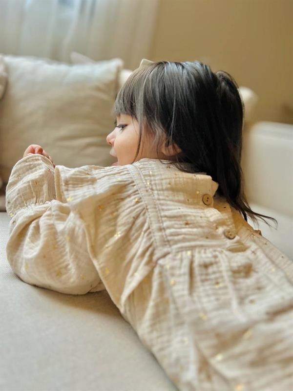 Müslin Yıldızlı Krem Elbise