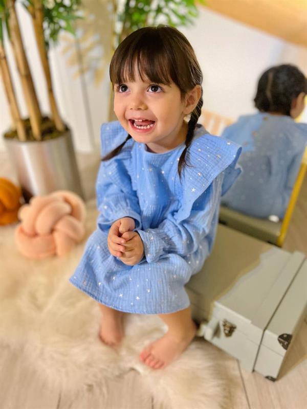 Müslin Yıldızlı Mavi Elbise