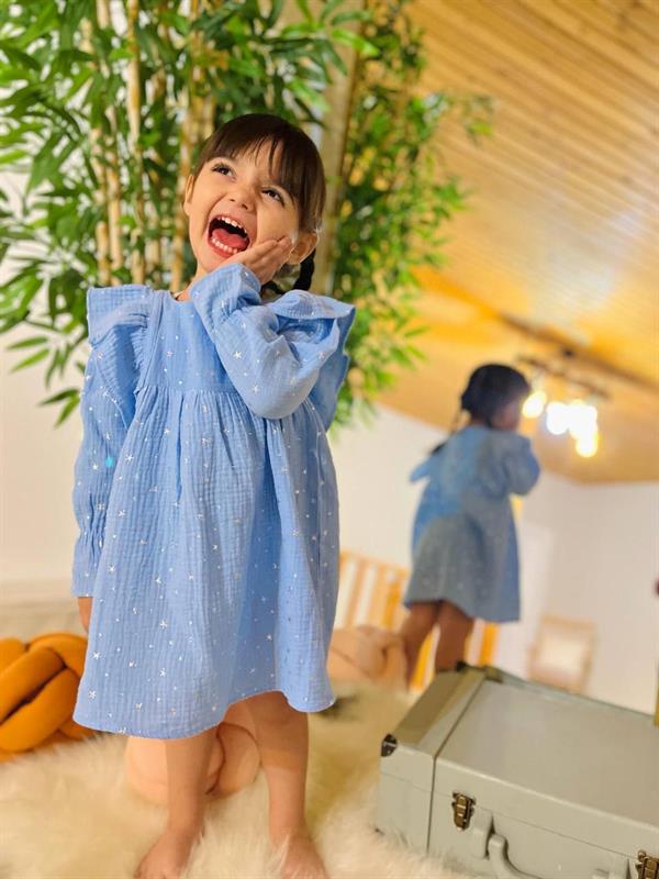 Müslin Yıldızlı Mavi Elbise