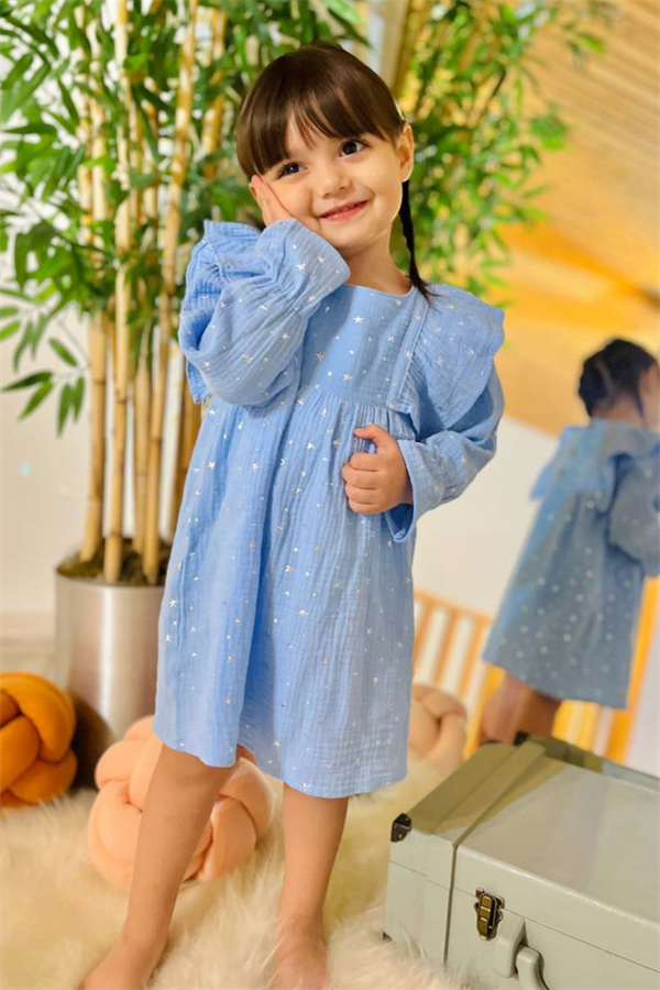 Müslin Yıldızlı Mavi Elbise