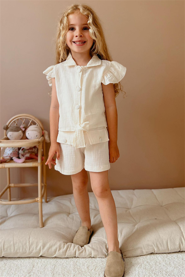 3 Parça Müslin Şortlu Ekru Takım