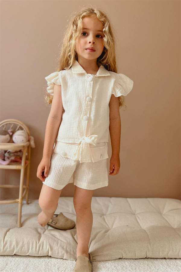 3 Parça Müslin Şortlu Ekru Takım