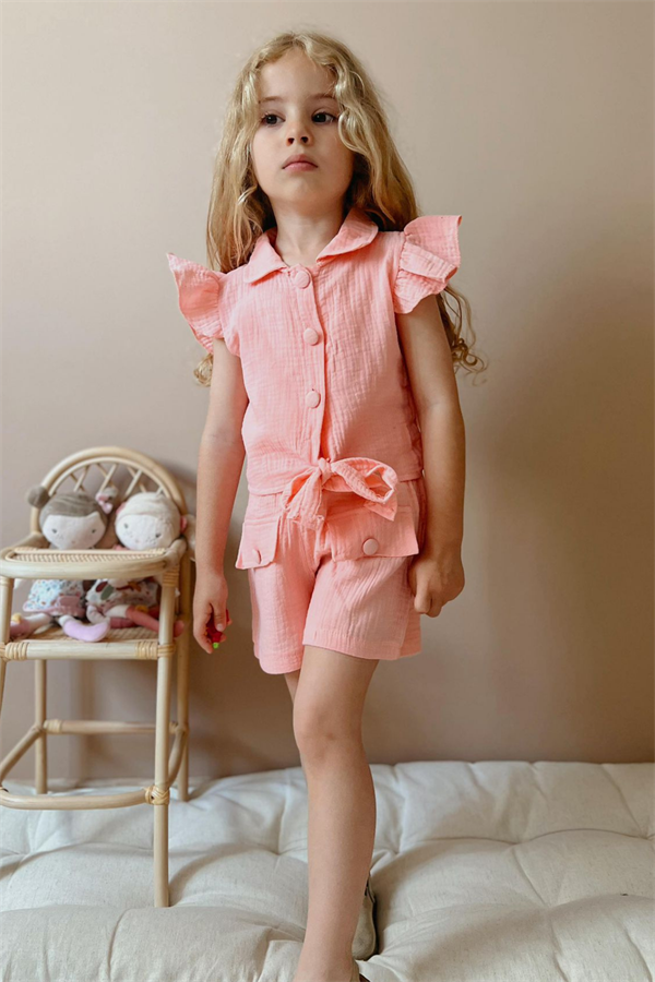 3 Parça Müslin Şortlu Somon Takım