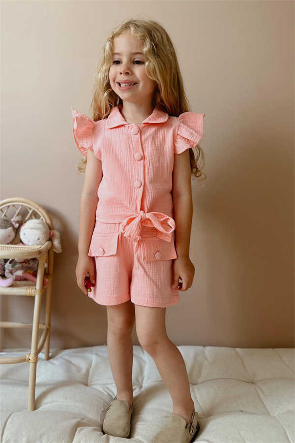 3 Parça Müslin Şortlu Somon Takım