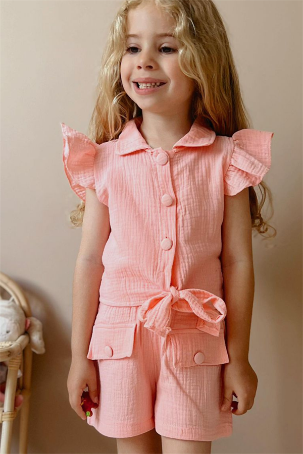 3 Parça Müslin Şortlu Somon Takım