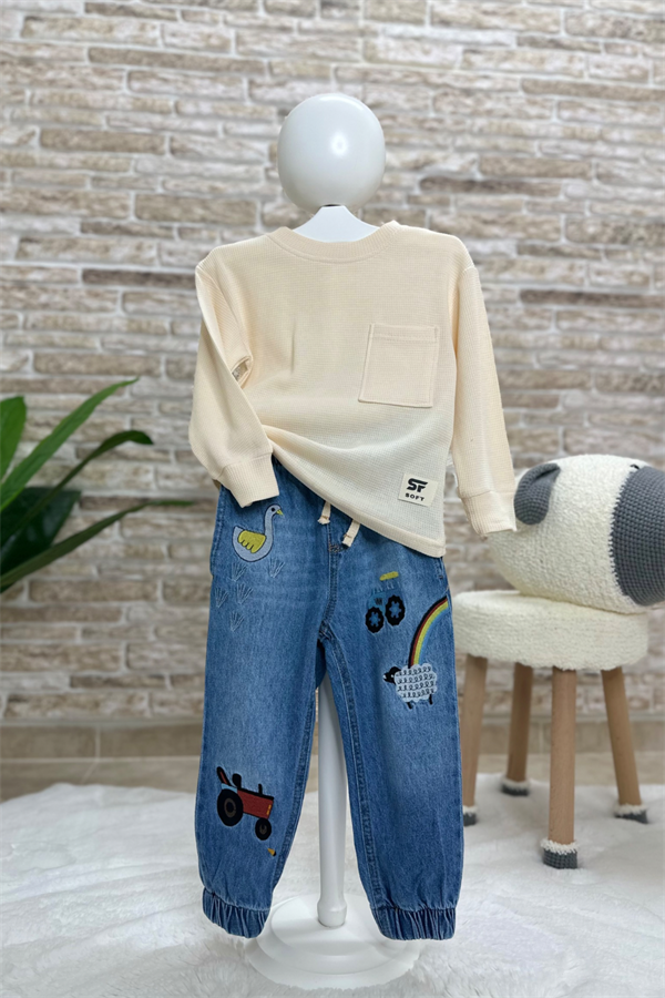 Unisex Çocuk Paçası Ve Beli Lastikli Jean Pantolon