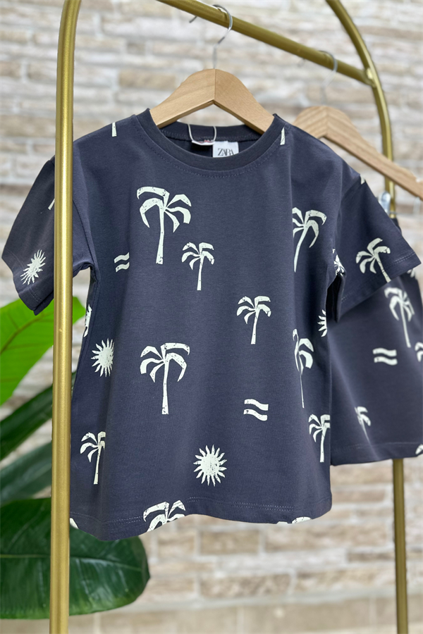 Palmiye Baskı Antrasit Şortlu Takım