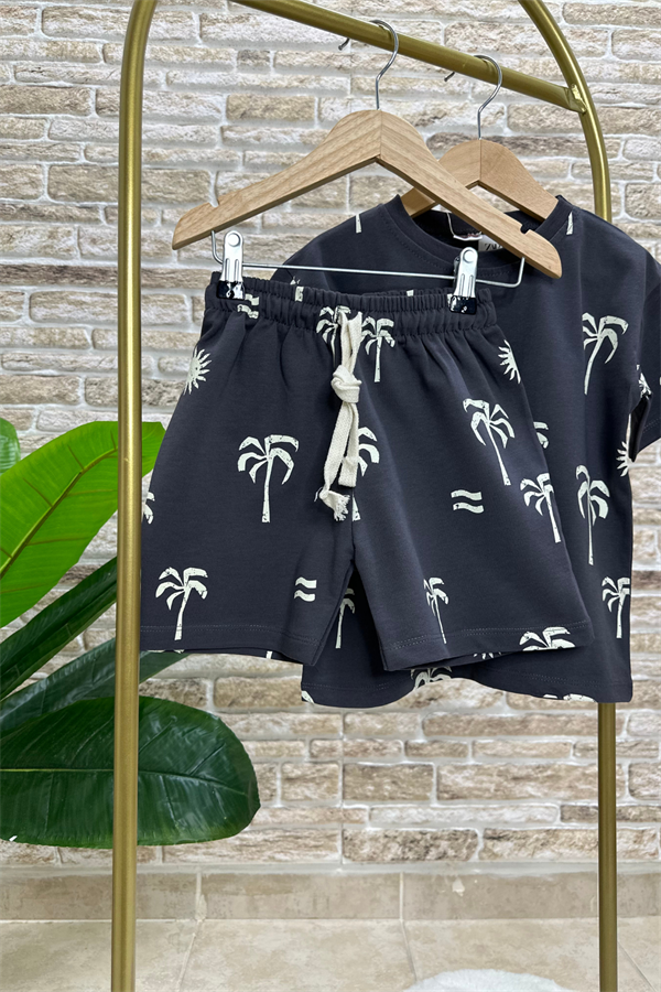 Palmiye Baskı Antrasit Şortlu Takım