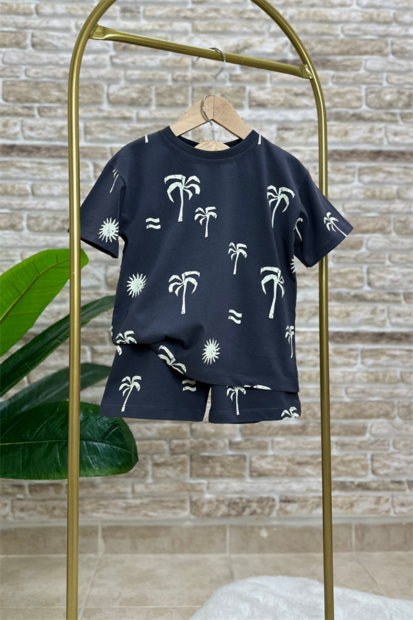 Palmiye Baskı Antrasit Şortlu Takım