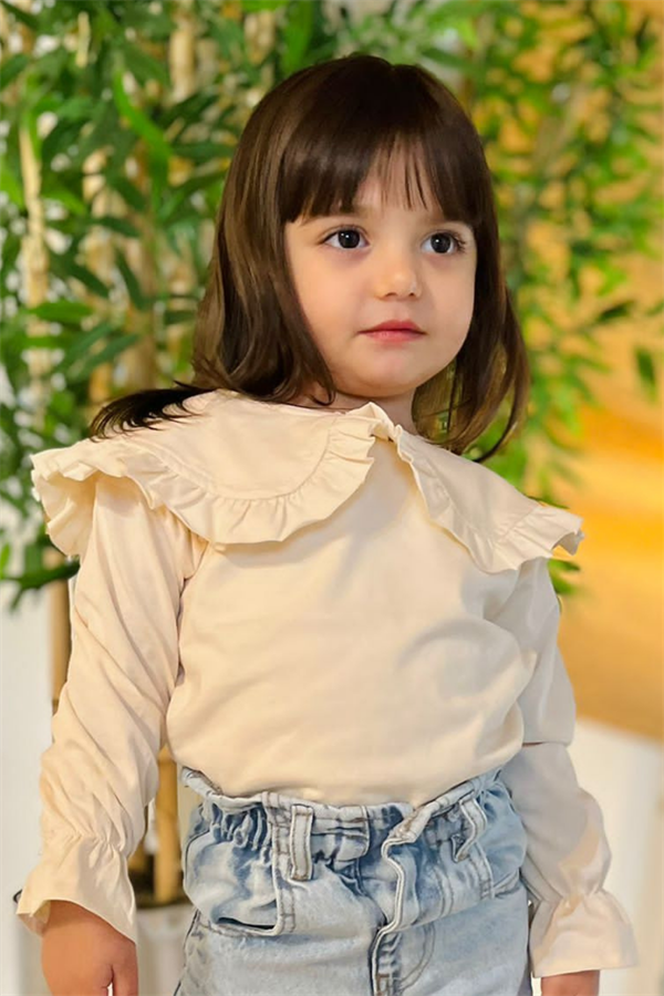 Kız Çocuk Pamuklu Penye Uzun Kol Bebe Yaka Krem Bluz