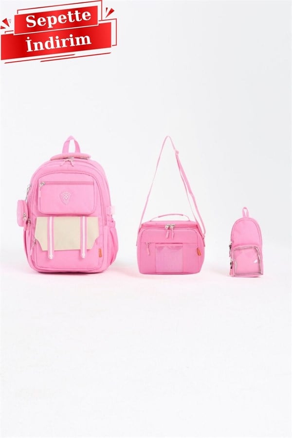 Pembe 3lü Set  Çocuk Sırt Çantası - Ilkokul, Ortaokul, Lise Uyumlu