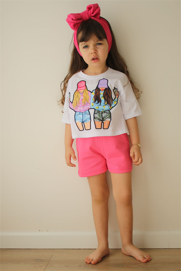 Pembe İkili Kız Baskı Şortlu Takım