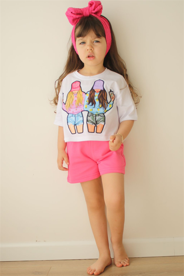 Pembe İkili Kız Baskı Şortlu Takım