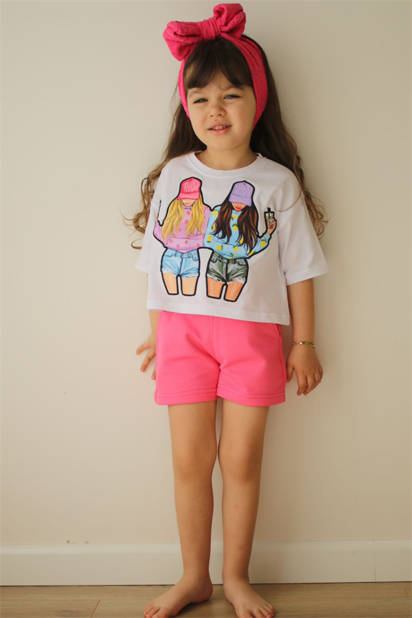 Pembe İkili Kız Baskı Şortlu Takım