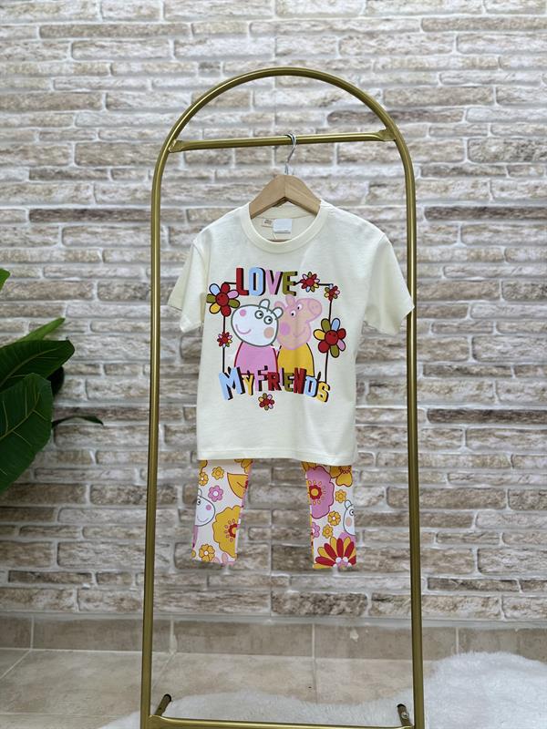 Kız Çocuk Peppa Baskı Renkli Tayt Takım