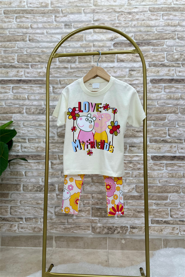 Kız Çocuk Peppa Baskı Renkli Tayt Takım