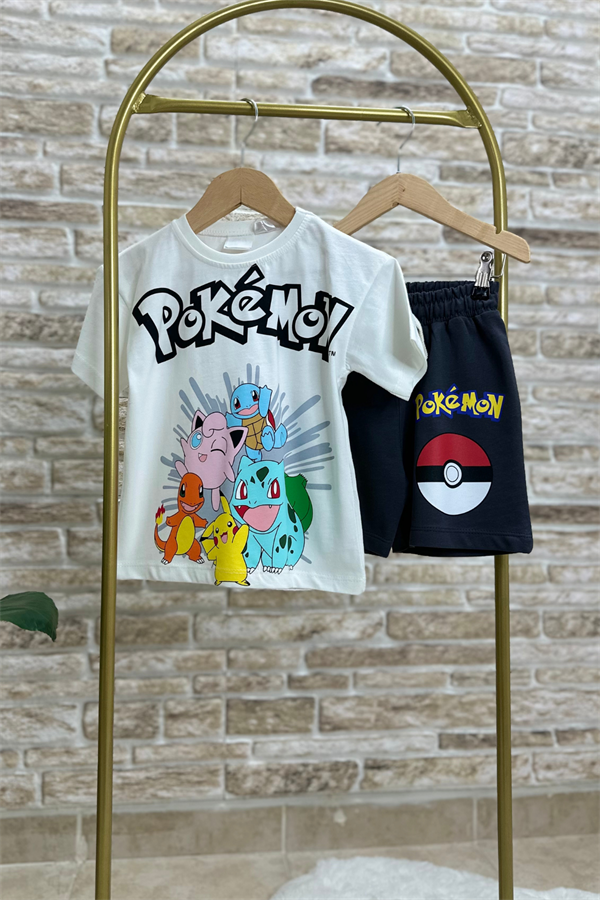 Pokemon Beyaz Antrasit Şortlu Takım