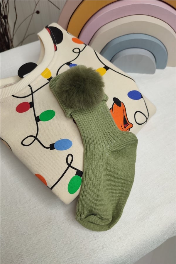 Ponponlu Açık Yeşil Diz Altı Çorap